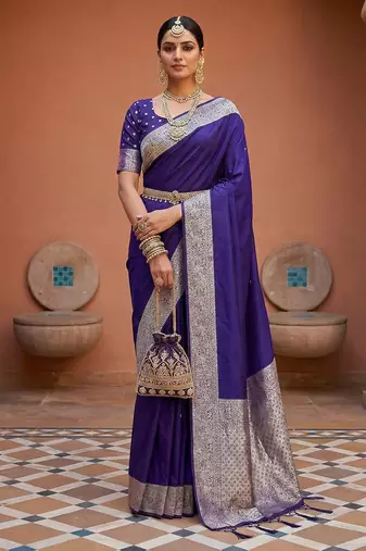 Violet  soft banarasi silk fabric saree with natural zari weaving in gala border