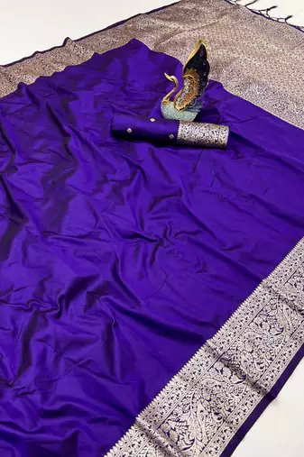 Violet soft banarasi silk fabric saree with natural zari weaving in gala border