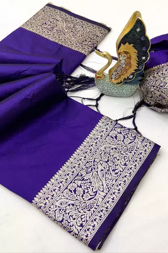 Violet soft banarasi silk fabric saree with natural zari weaving in gala border