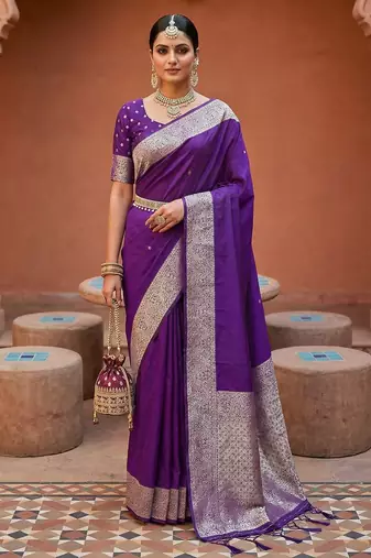Purple soft banarasi silk fabric saree with natural zari weaving in gala border