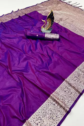 Purple soft banarasi silk fabric saree with natural zari weaving in gala border