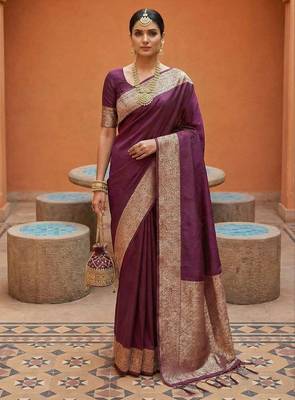 Wine soft banarasi silk fabric saree with natural zari weaving in gala border 1