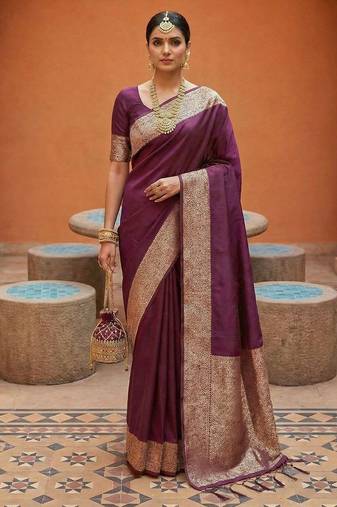 Wine soft banarasi silk fabric saree with natural zari weaving in gala border