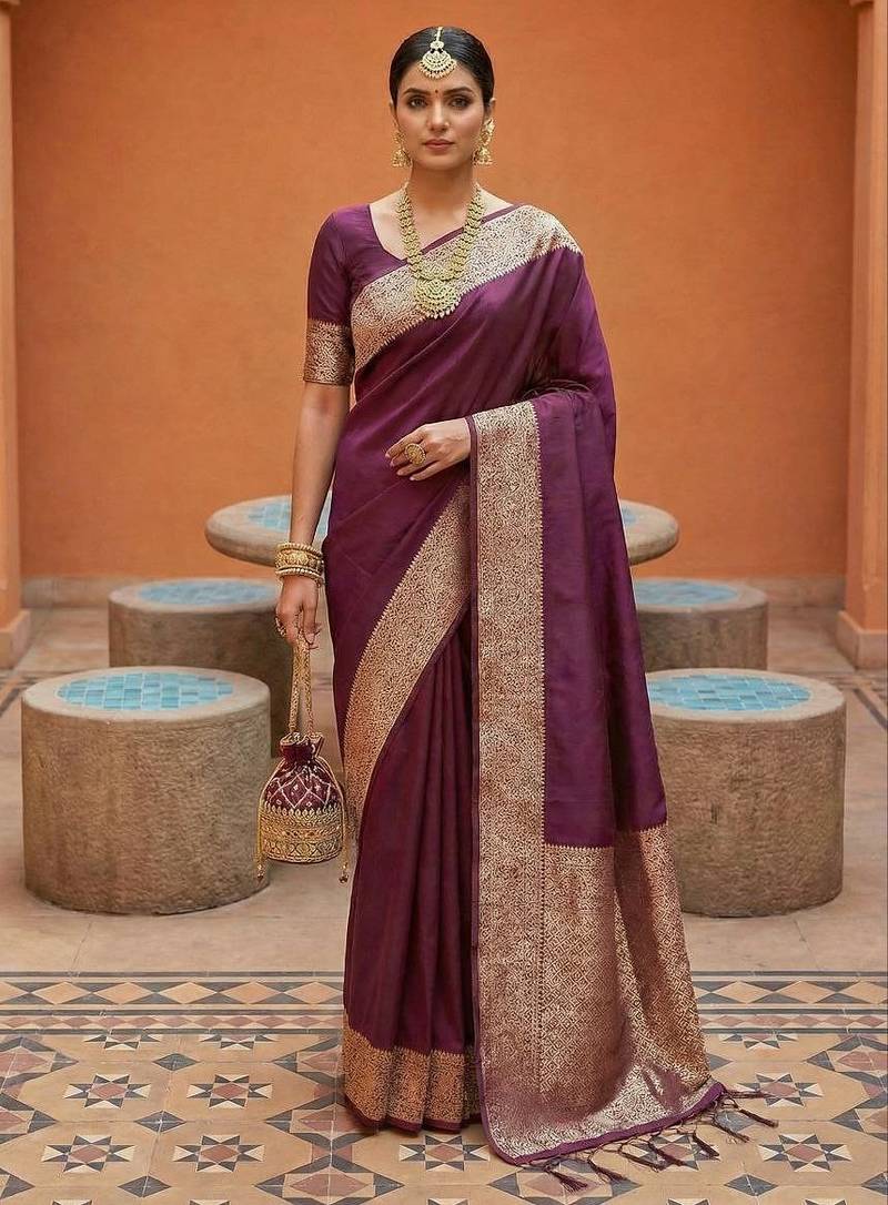 Wine soft banarasi silk fabric saree with natural zari weaving in gala border