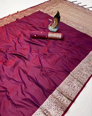 Wine soft banarasi silk fabric saree with natural zari weaving in gala border 2