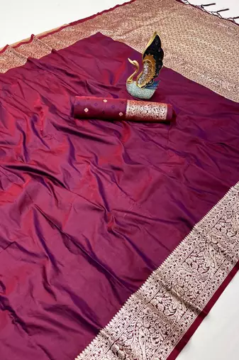 Wine soft banarasi silk fabric saree with natural zari weaving in gala border