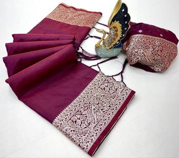 Wine soft banarasi silk fabric saree with natural zari weaving in gala border 3