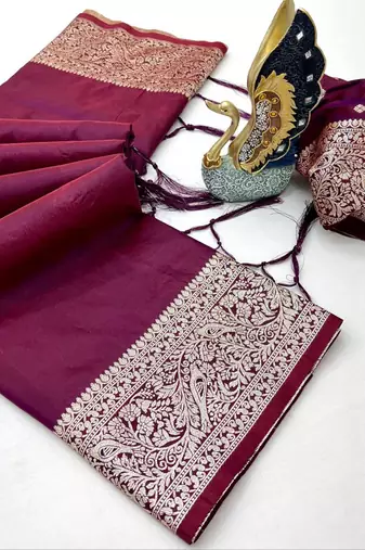 Wine soft banarasi silk fabric saree with natural zari weaving in gala border
