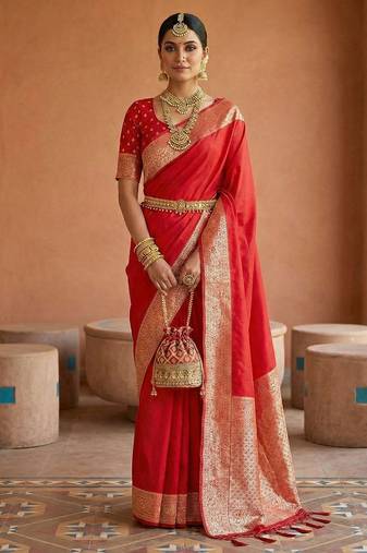 Red soft banarasi silk fabric saree with natural zari weaving in gala border