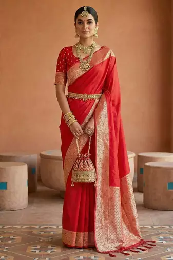 Red soft banarasi silk fabric saree with natural zari weaving in gala border