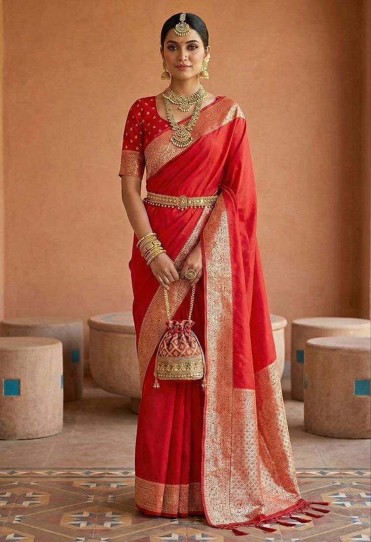 Red soft banarasi silk fabric saree with natural zari weaving in gala border