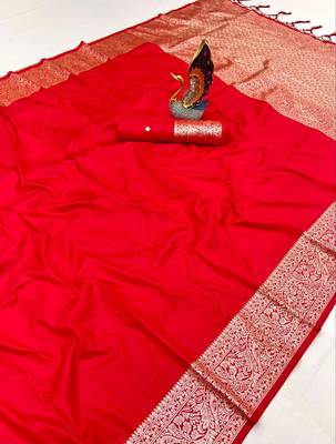 Red soft banarasi silk fabric saree with natural zari weaving in gala border 2