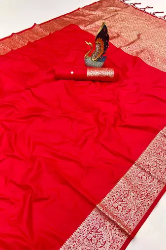 Red soft banarasi silk fabric saree with natural zari weaving in gala border