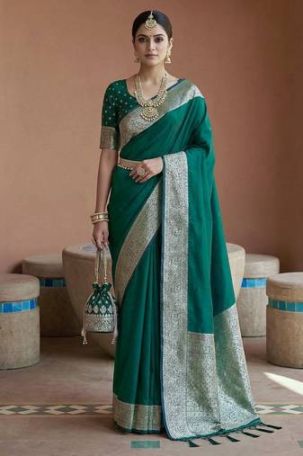 Sea green soft banarasi silk fabric saree with natural zari weaving in gala border