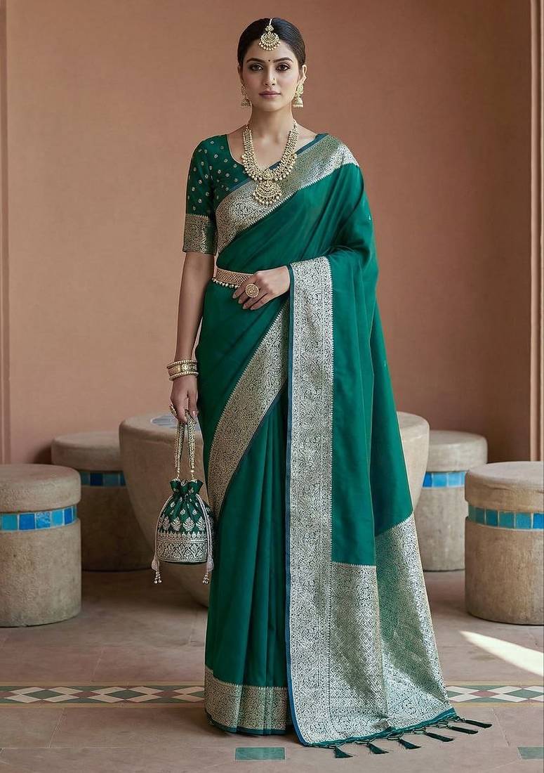 Sea green soft banarasi silk fabric saree with natural zari weaving in gala border