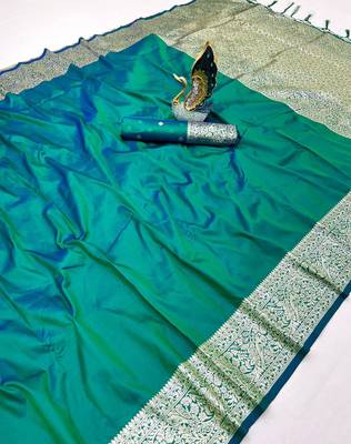 Sea green soft banarasi silk fabric saree with natural zari weaving in gala border 2