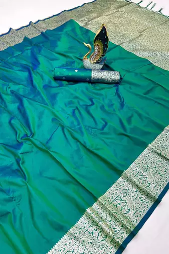 Sea green soft banarasi silk fabric saree with natural zari weaving in gala border