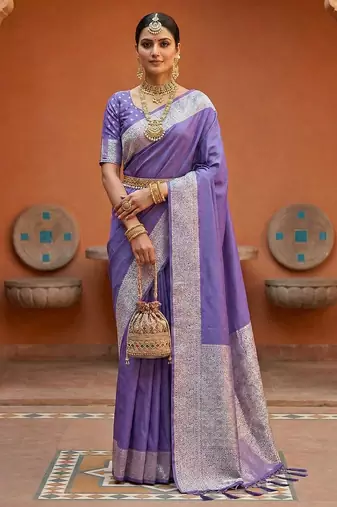 Lavender soft banarasi silk fabric saree with natural zari weaving in gala border