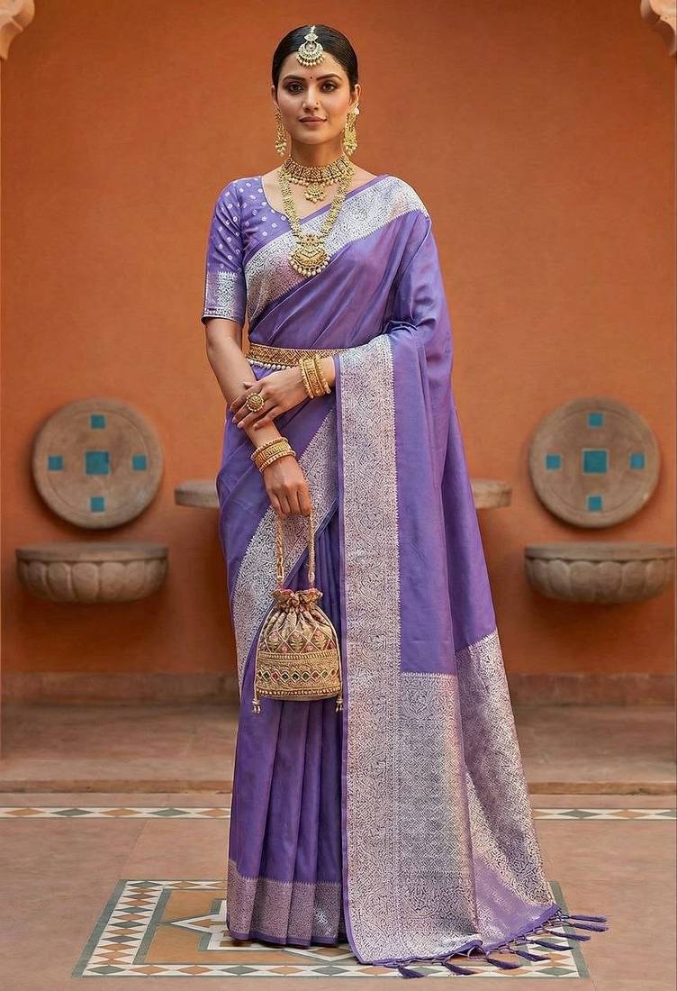 Lavender soft banarasi silk fabric saree with natural zari weaving in gala border