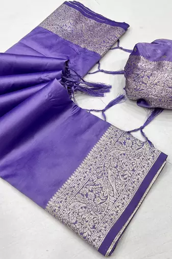 Lavender soft banarasi silk fabric saree with natural zari weaving in gala border