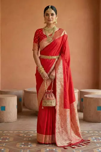 Red soft banarasi silk fabric saree with natural zari weaving in gala border