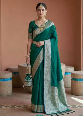 Sea green soft banarasi silk fabric saree with natural zari weaving in gala border 3