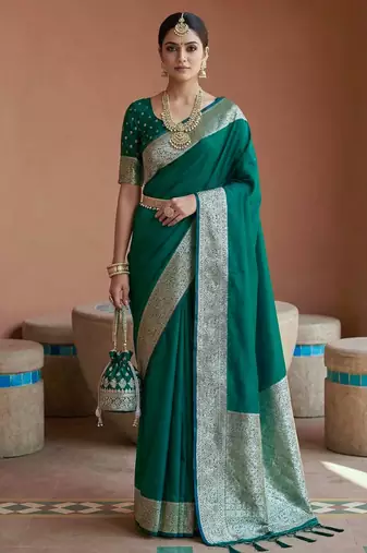 Sea green soft banarasi silk fabric saree with natural zari weaving in gala border
