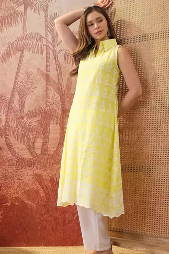 Women yellow cotton embroidery  kurta