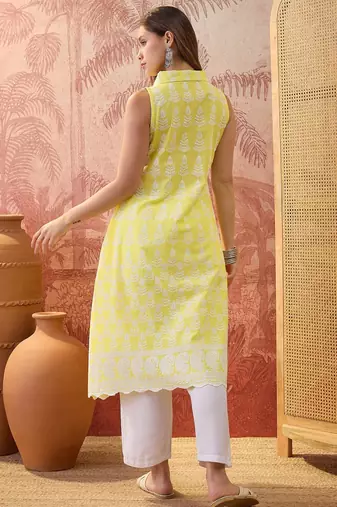 Women yellow cotton embroidery kurta