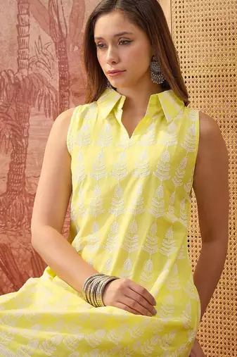 Women yellow cotton embroidery kurta