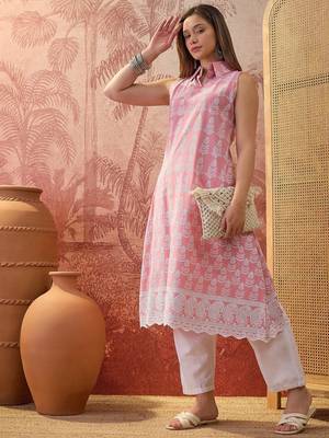 Women peach cotton embroidery kurta 4