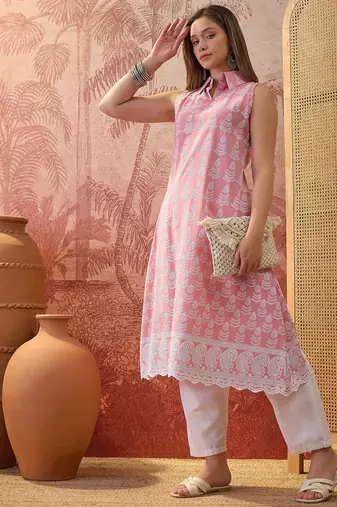 Women peach cotton embroidery kurta