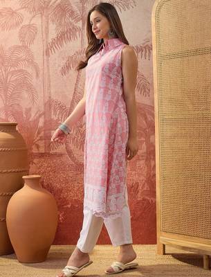Women peach cotton embroidery kurta 5