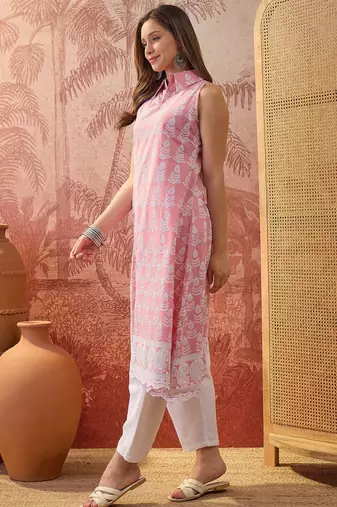 Women peach cotton embroidery kurta