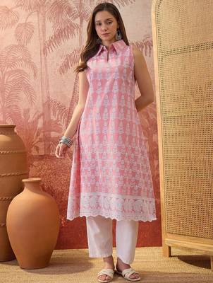 Women peach cotton embroidery kurta 1