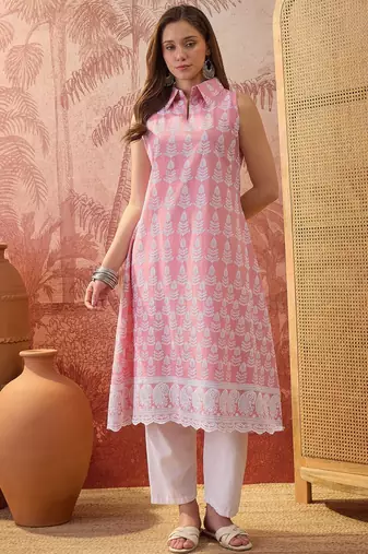 Women peach cotton embroidery  kurta