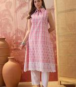 Women peach cotton embroidery  kurta