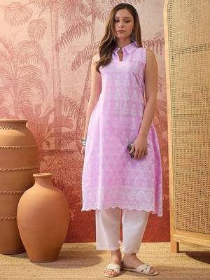 Women lavender cotton embroidery kurta 2