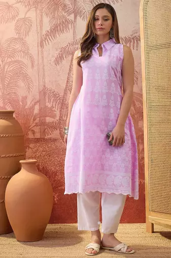 Women lavender cotton embroidery kurta