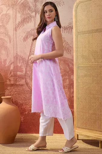 Women lavender cotton embroidery kurta