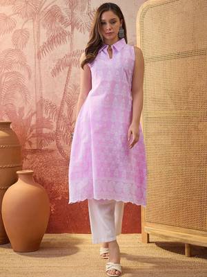 Women lavender cotton embroidery kurta 4