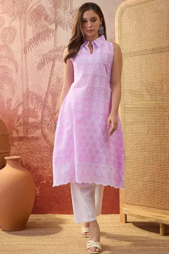 Women lavender cotton embroidery kurta