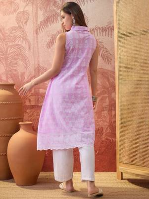 Women lavender cotton embroidery kurta 5