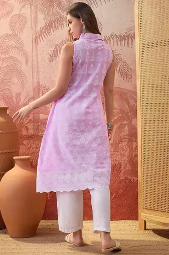 Women lavender cotton embroidery kurta