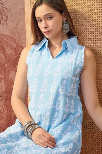 Women sky blue cotton embroidery kurta