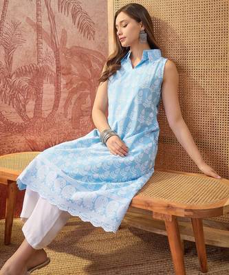 Women sky blue cotton embroidery kurta 3