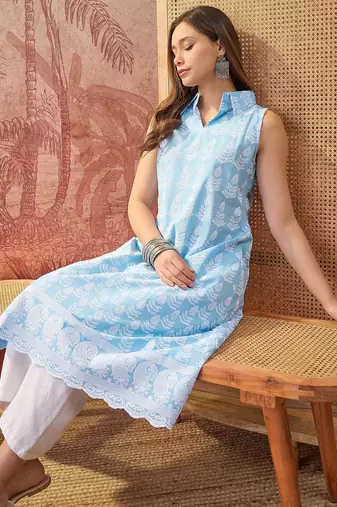 Women sky blue cotton embroidery kurta