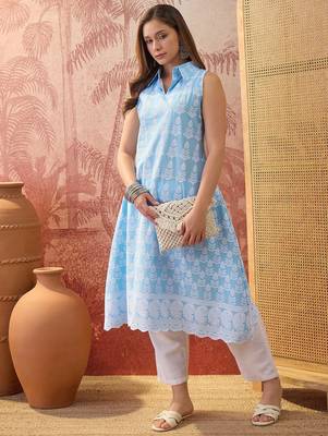 Women sky blue cotton embroidery kurta 1