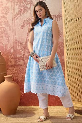 Women sky blue cotton embroidery  kurta