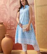 Women sky blue cotton embroidery  kurta